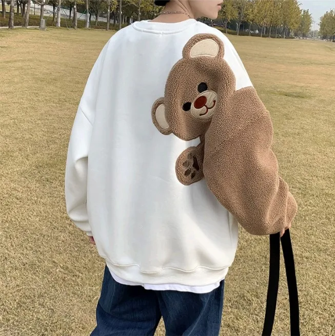 

Lamb Velvet Sweater Men's Spring Loose Stitching Jacket Tide Brand Bear Embroidery Korean Version Trend Couple Tops