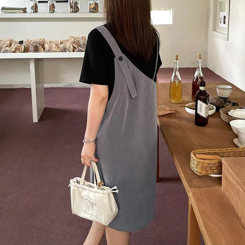 Plus Size Clothes Versatile Fake Two Pieces Korean Round Neck Button Combination Color Contrast Womens Straight Mid Length Dress