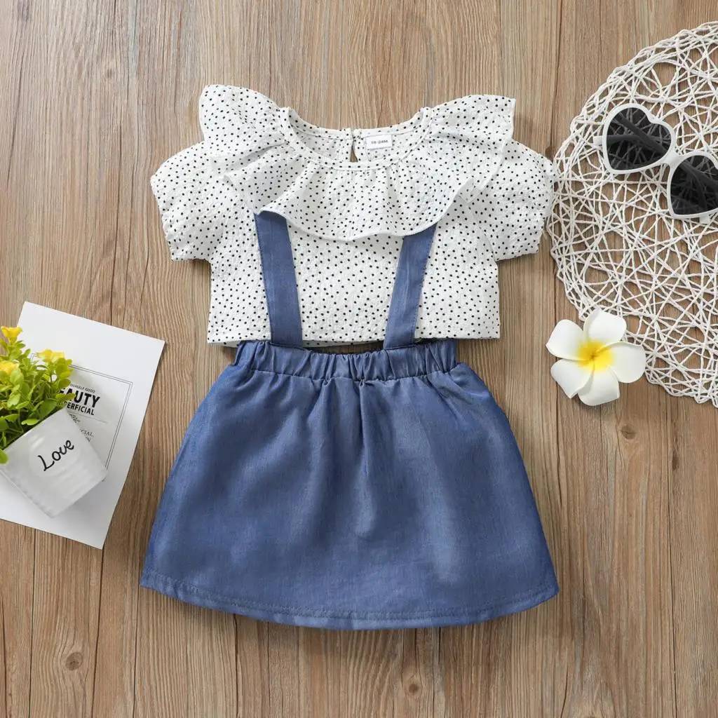 

Summer baby girl set clothes polka dot ruffled solid color short sleeve + imitation denim suspender skirt two-piece outfit