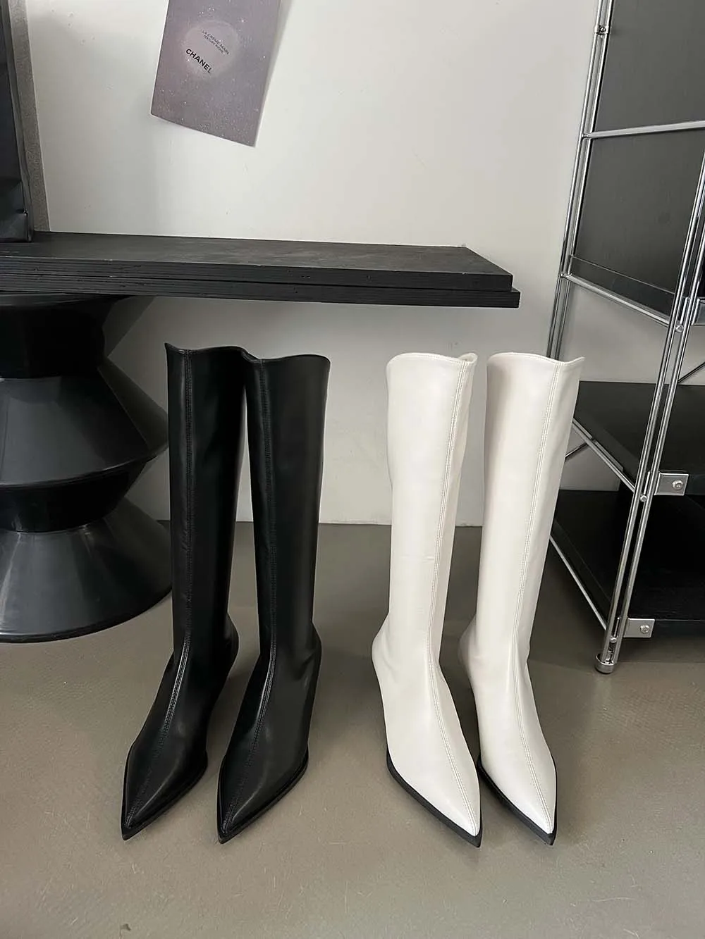 

Pointed Toe Women Knee High Boots Thin High Heels Side Zipper 2023 New Arrivals Black White Autumn Winter Party Pumps Shoes 39