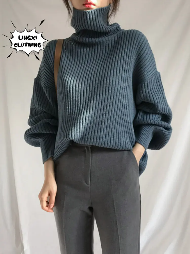 

Korean Version New Thickened High Neck Sweater for Women Autumn and Winter Loose Pullover Knitwear for Women Wool Mixtures