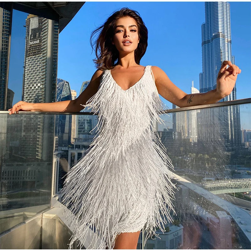 Sequins Tassel Feather Spaghetti Strap Dress Women Fashion Sexy Stitching Mini Dresses Ladies Evening Party Club Elegant Dress