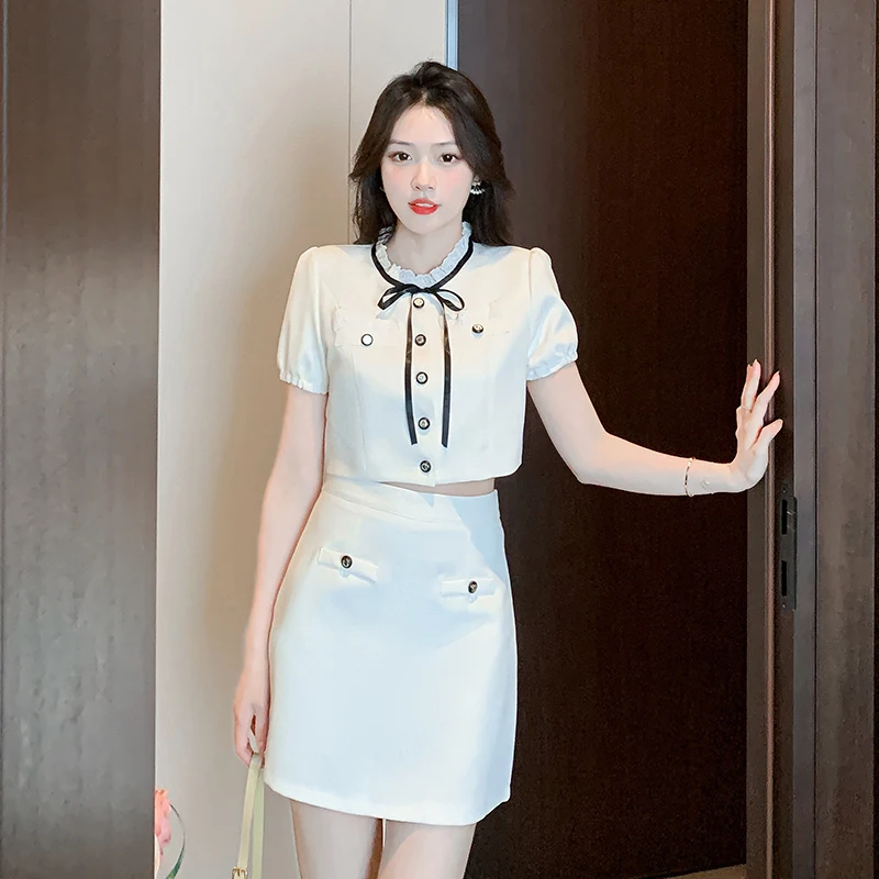 

Summer Temperament Small Fragrance Two Piece Set Female Bow Single Breasted Crop Top And High Waist Skirt