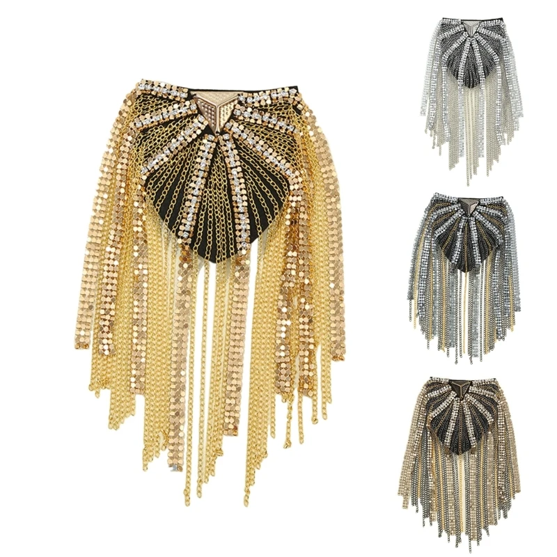 

28TF Performance Dress Accessories Metal Fringed Epaulettes Cloth Stickers for Women Hip-pop Metal Fringed Epaulettes