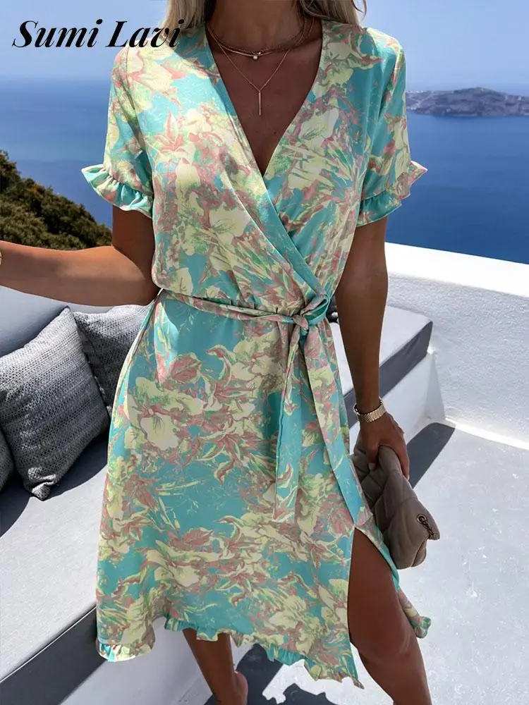 

Летнее женское пляжное платье с цветочным принтом, модное платье с V-образным вырезом и Боковым Разрезом, повседневное женское платье средн...