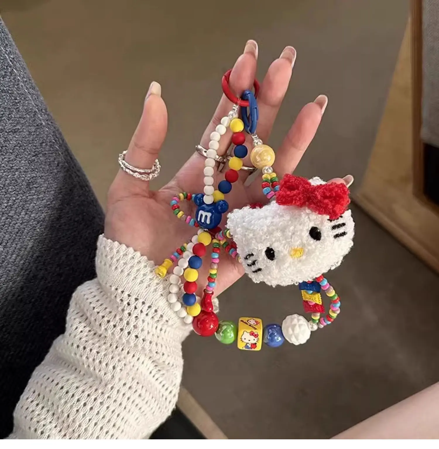 Брелок Hello Kitty с красочными бусинами милый мультяшный плюшевый ремешок для