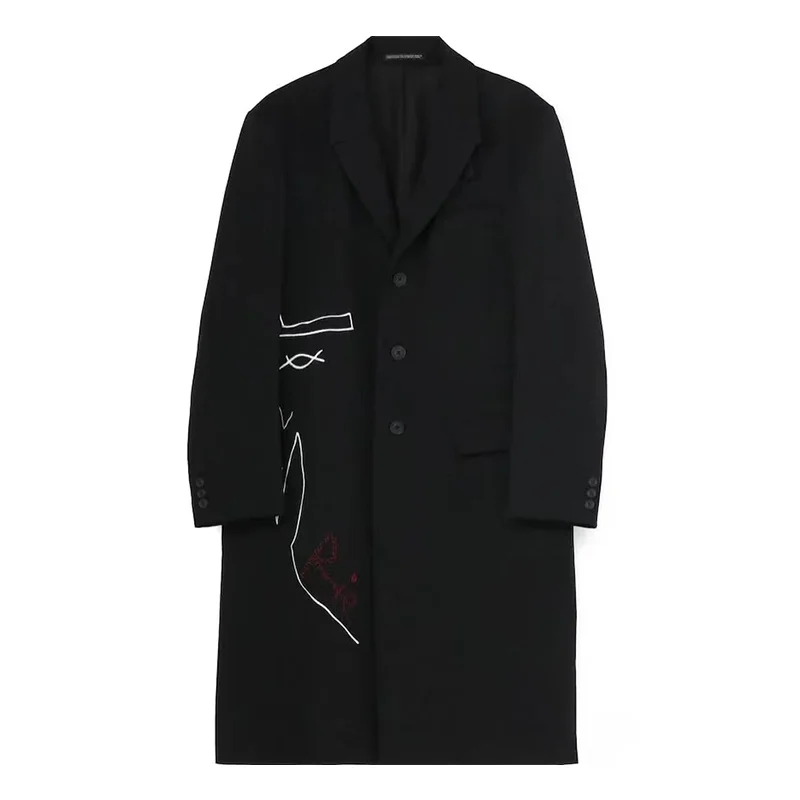 

Yohji Yamamoto Spring Autumn Embroidered Windbreaker Simple Style Men And Women Casual Fashion Medium Length Loose Coat
