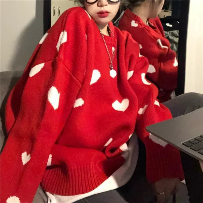 Suéter de manga larga con cuello redondo para mujer, Jersey de punto con corazón de amor de estilo coreano, rojo y negro, Tops de gran tamaño, Otoño e Invierno