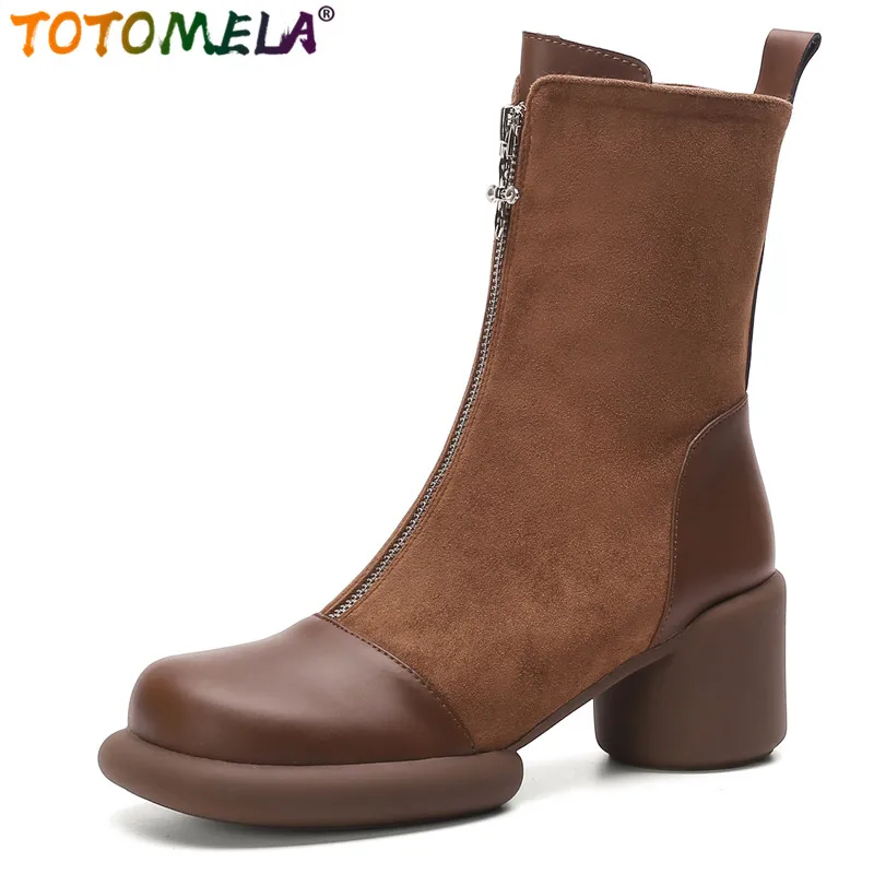 

TOTOMELA 2023 Size 33-42 New Retro Winter Ankle Platform Boots Round High Heels Dress Shoes Genuine Leather Women Boots