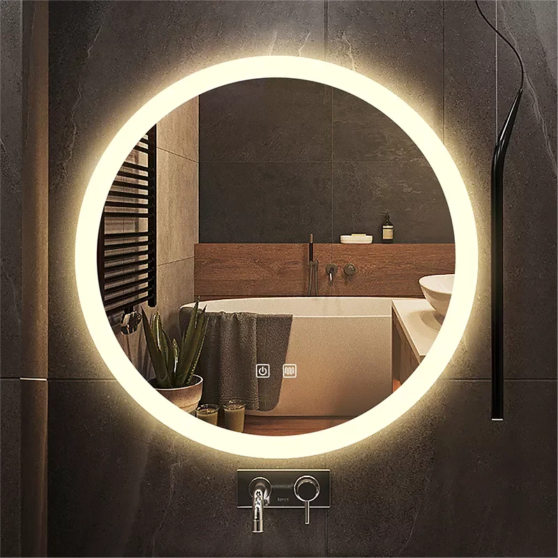 

Round Smart Makeup Vanity Bathroom Mirror 3 Color Adjustable LED LIght Multifunction With Demist Brightness Sensory Switch