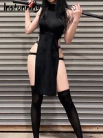 instunning sexy cut out black summer dress women sleeveless casual split high waist dress elegant club sexy party halter dresses