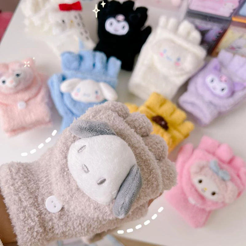 

Sanrio Kuromi My Melody Hello Kitty Half-Finger Gloves Winter Student Plush Cartoon Keep Warm Flip-Top Gloves Cute Kid Toys Gift