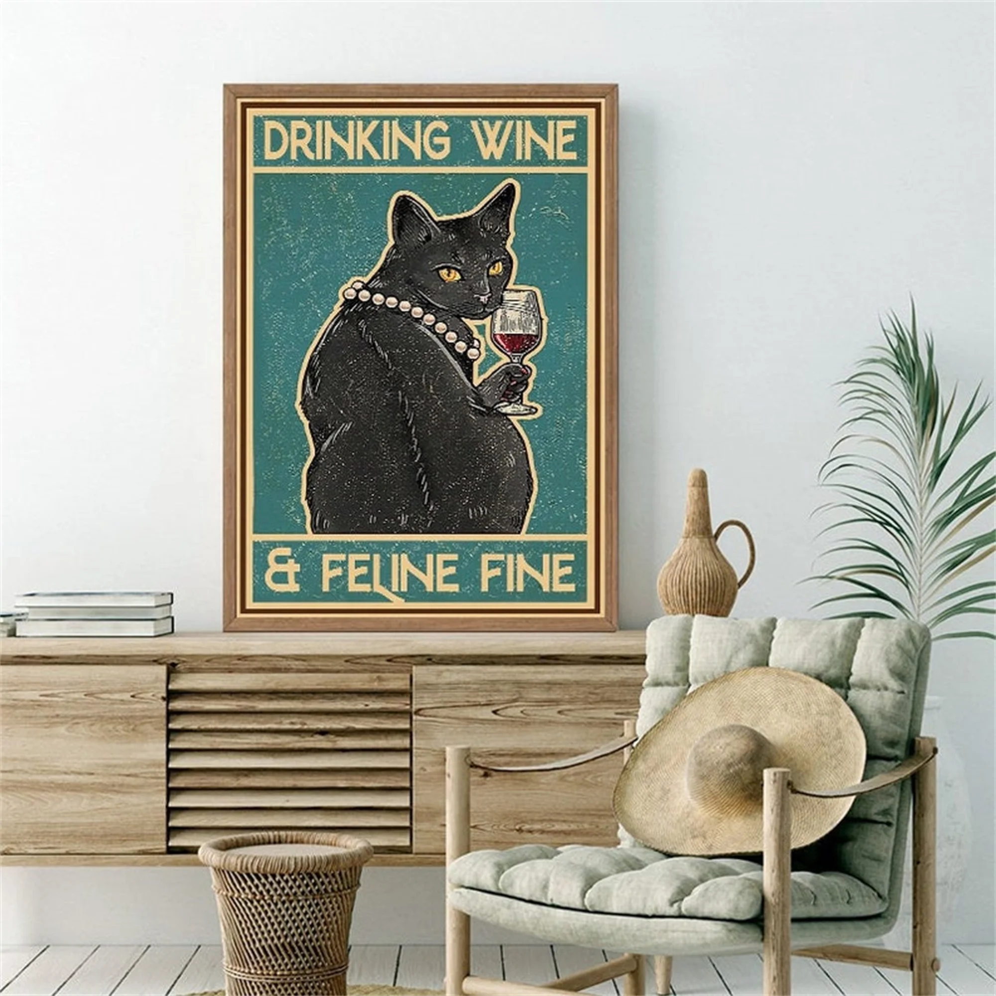 

Drinking Wine Feline Fine Poster Funny Cat Wine Poster Cat Lover Gift Canvas Wall Art Print Painting Picture Bedroom Home Decor