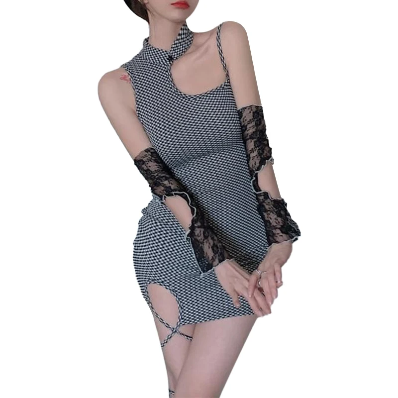 

Women Bodycon Irregular Tie-up Dress Summer Black Houndstooth Print Hollow Out Sleeveless Wrap Dresses