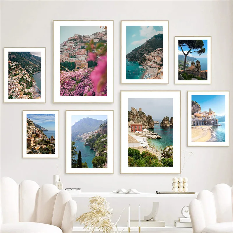 

Positano Evening In Amalfi Italy Cityscapes Canvas Painting Italian Coast Summer Wall Art Floral Beach Home Room Decor Picture