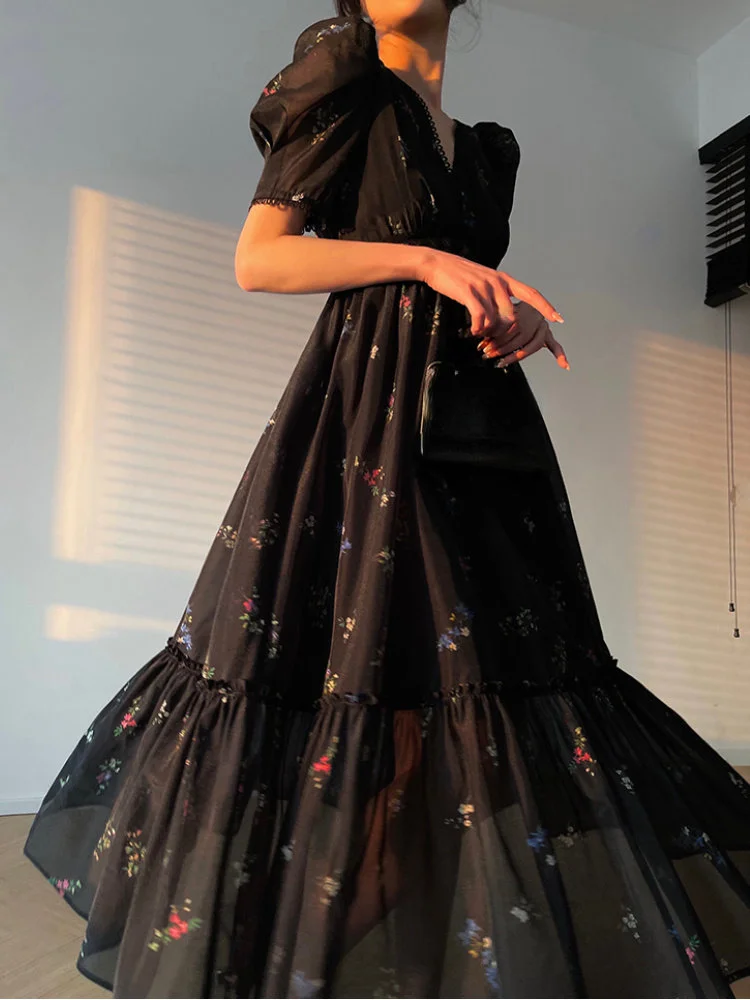 

Fashion Retro Floral Short-sleeved V-neck Waist Slim Summer French Pleated Midi Skirt Women's Floral Formal Occasion Dresses