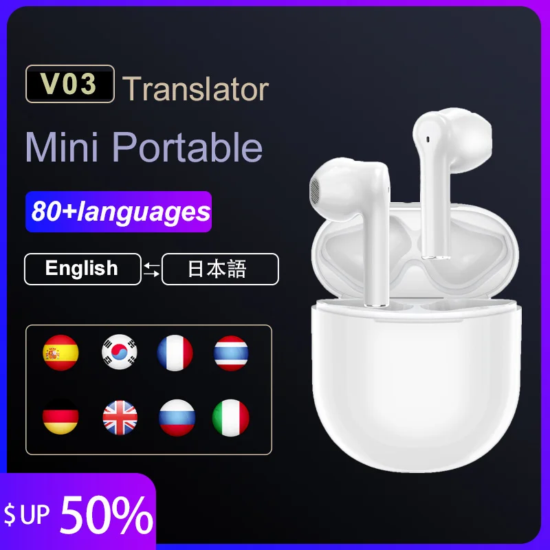 

NEW V03 Translation Headphones 80 Languages instant Translated Smart Voice Translator Wireless Bluetooth Translator Earphon