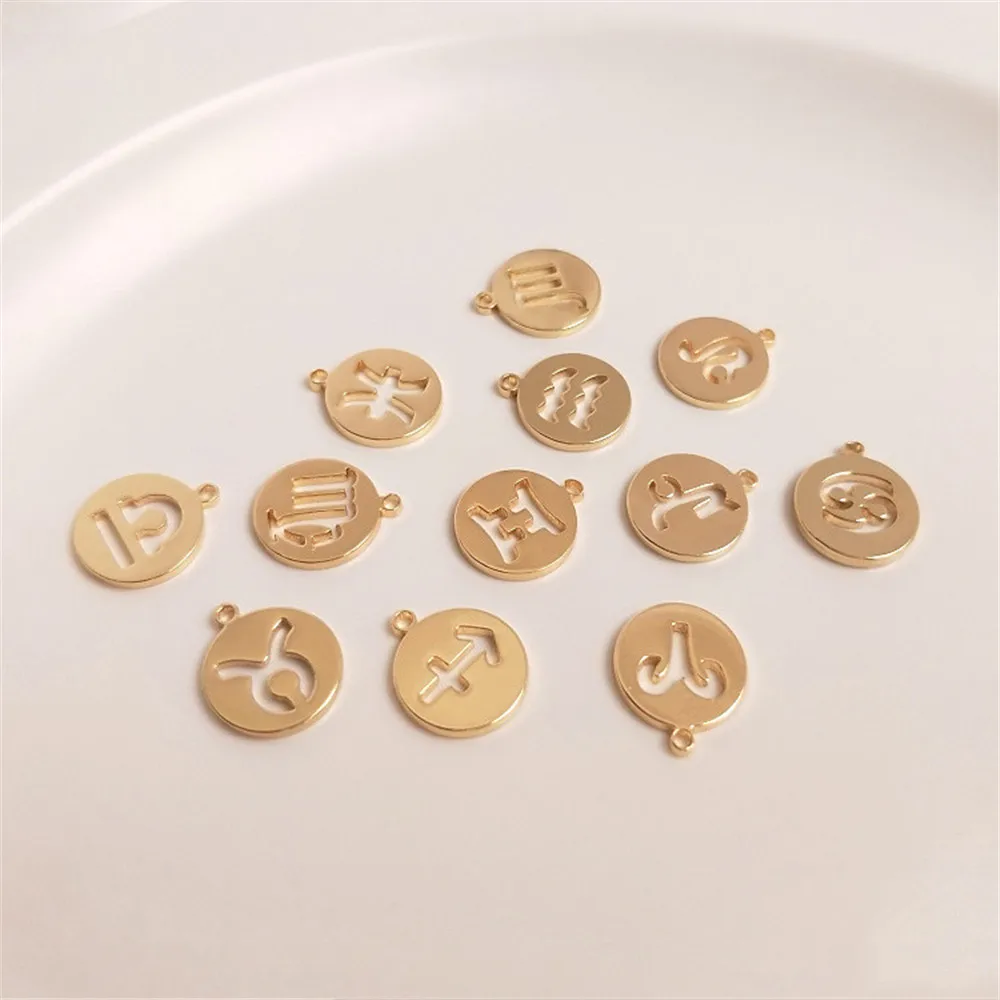 

14K Gold Color Hang tag 12 constellations hollow out round brand pendant handmade accessories DIY bracelet necklace accessories
