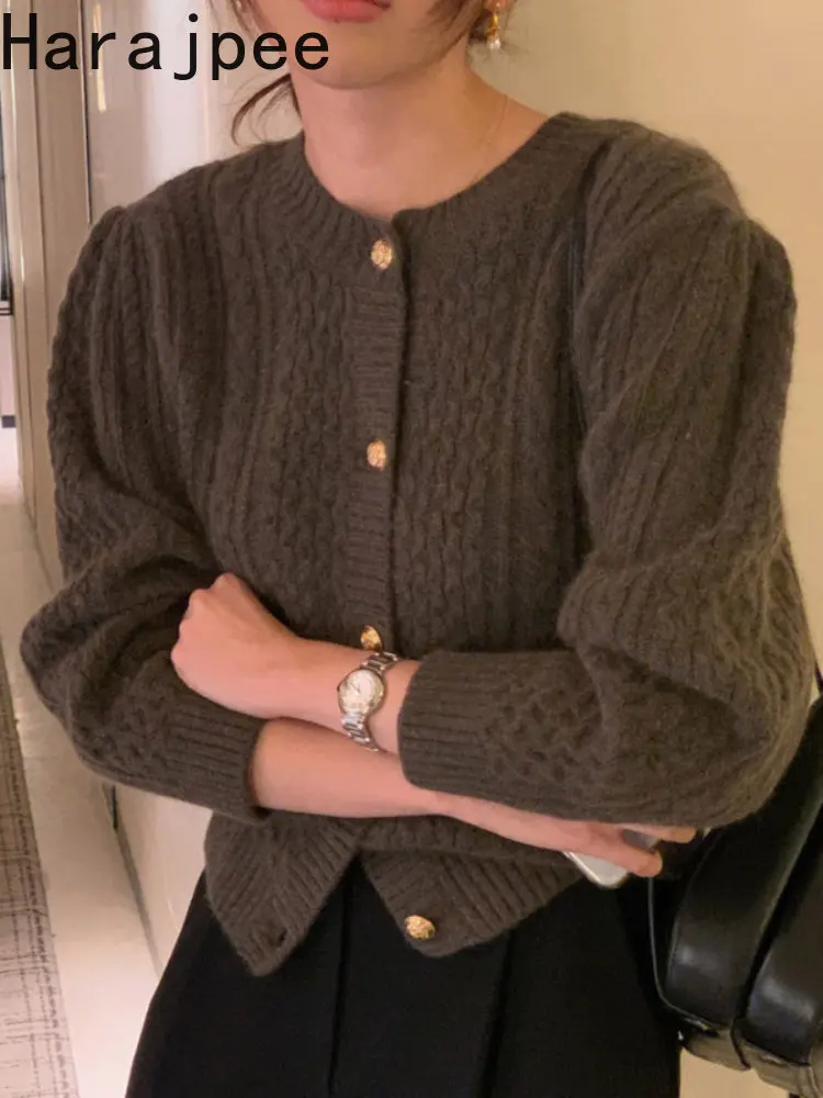 

Однобортный винтажный трикотажный кардиган Haeajpee с круглым вырезом, пуговицами и длинными рукавами, новинка для женщин, Осень-зима, корейски...