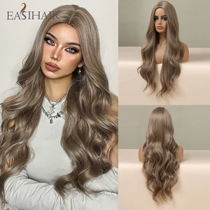 EASIHAIR Long Wavy Ash Brown Natural Hair Synthetic Wigs for Women Brown Middle Part Wig Daily Cosplay Wigs Heat Resistant