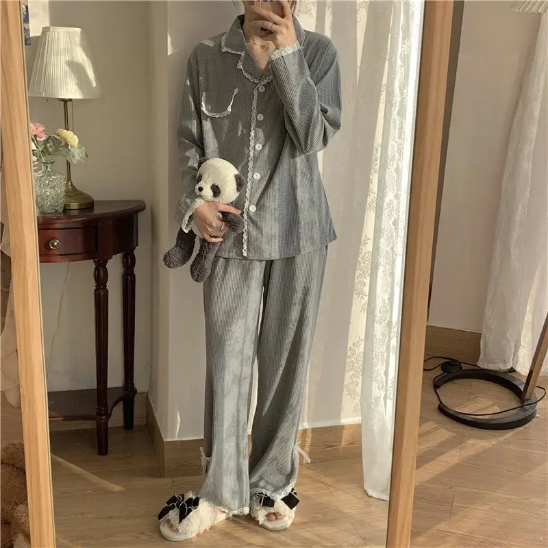 Pajama Sets Women Lace Ins Unisex Sleepwear Korean Feminino Nightwear Lounge Basic Cozy Casual Fit Lovely Girls Simple Maiden