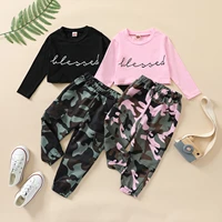 infant kids baby girls2pcs outfit set new autumn letter printing navel leaking jacket camouflage pants suit two piece set