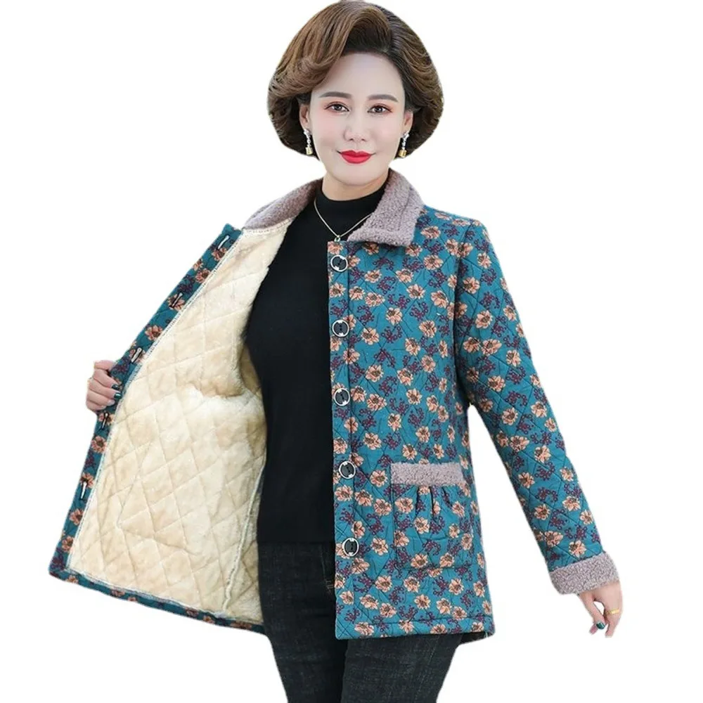 Fleece warm floral cotton jacket short coat for middle-aged female mother in winter