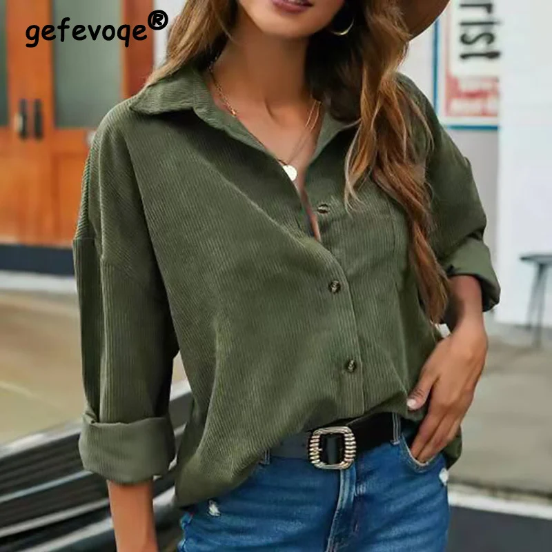 

Spring Autumn Fashin Oversized Streetwear Blouse Women Casual Pocket Solid Lapel Button Up Office Ladies Shirt Tunic Loose Tops