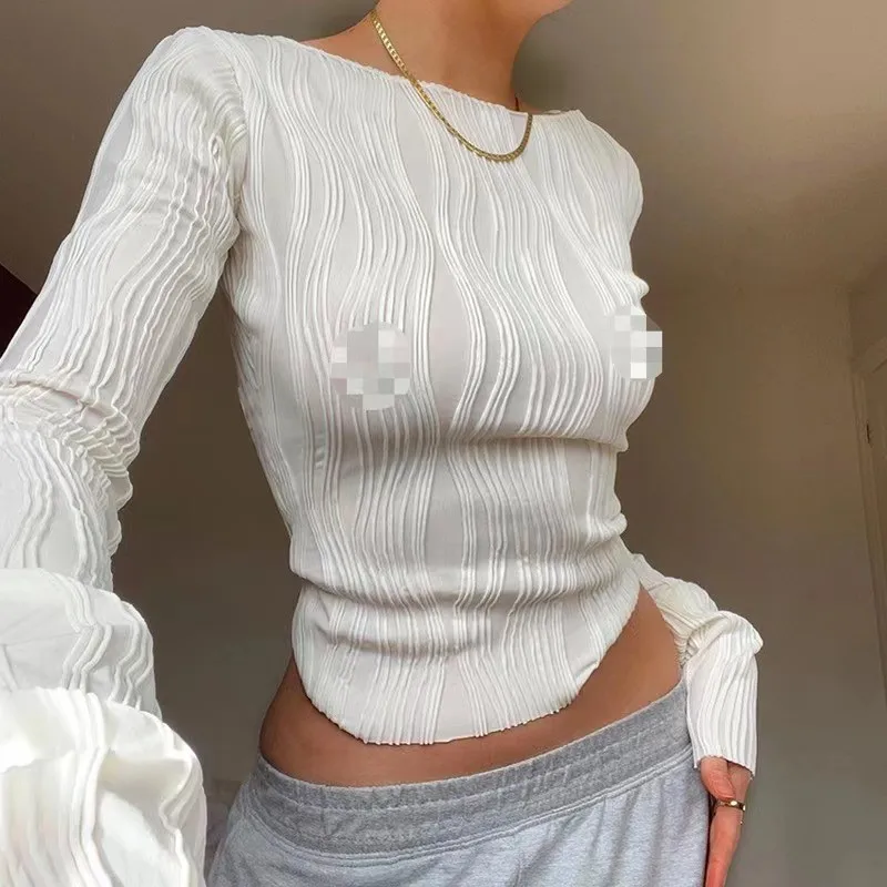 

Ruched Long Sleeve T-shirts Women Crop Top Y2K Clothes 2023 Spring Casual White Skinny Black Basic Tee Corset Pulovers T Shirt