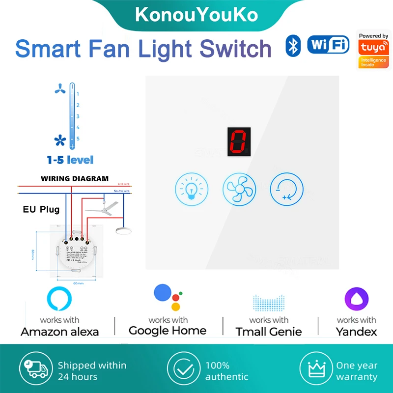 

EU US Plug Tuya Smart WiFi Fan Light Switch Gears Wall Glass Panel Touch Switchs Speed Control for Alexa Google Home Smart Life