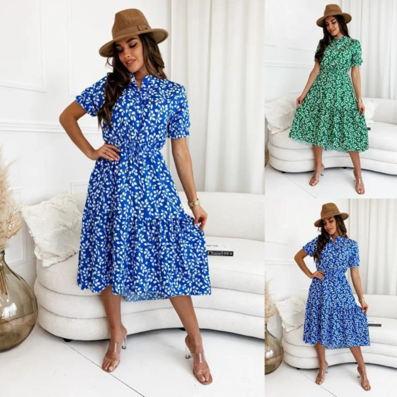 

Women's Dress Summer Fashion Floral Print Stand Collar Dress Women Short Puff Sleeve Lace-up High Waist Pleated Stitching Dress