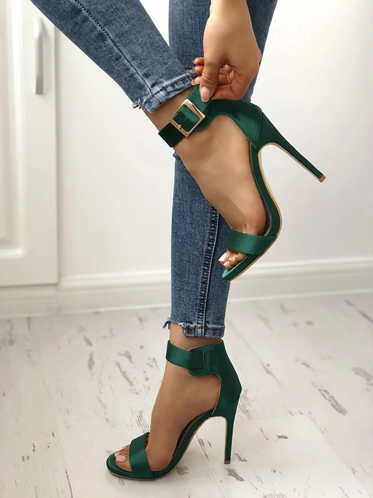 Green Satin Open Toe Stiletto High Heels Buckle Ankle Strap Sandals Summer Fashion Shoes Woman 2021 Plus Big US Size 14-16 FSJ
