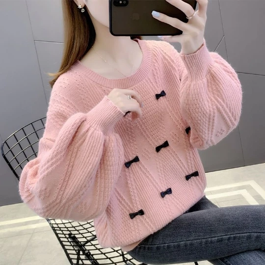 

Bow Pink Trend Wavy Edge Women Sweater 2023 Fashion Lady Coat Pullover Woman Tops Women's Sweater Winter Clothes Girl Suéter