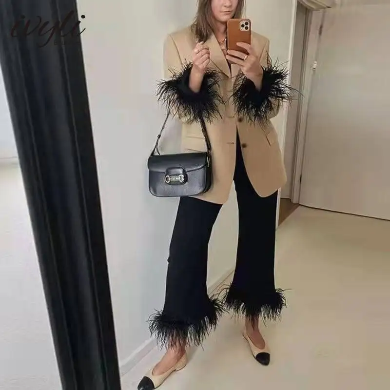 

Женский костюм с блейзером и брюками, комплект из двух предметов, Топ с длинным рукавом и прямые брюки контрастных цветов