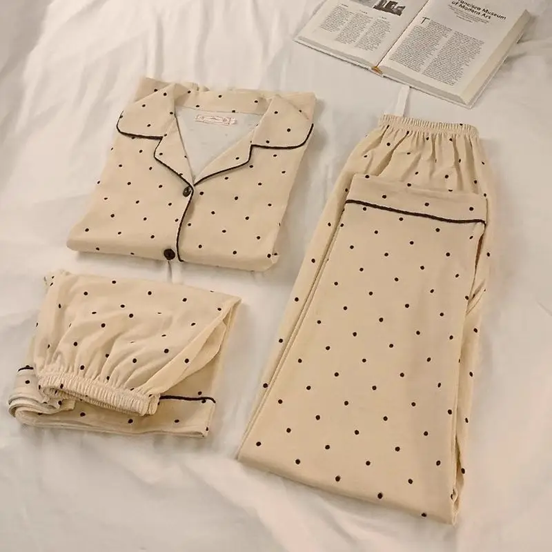 High-grade pajamas female summer short-sleeved striped three-piece students can wear new spring and autumn home clothes in 2023.
