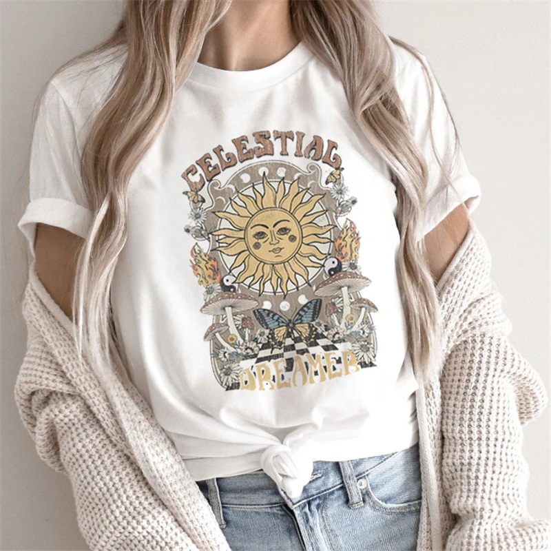 Женская футболка с коротким рукавом, круглым вырезом и принтом подсолнуха Женская футболка с коротким рукавом, круглым вырезом и принтом подсолнуха