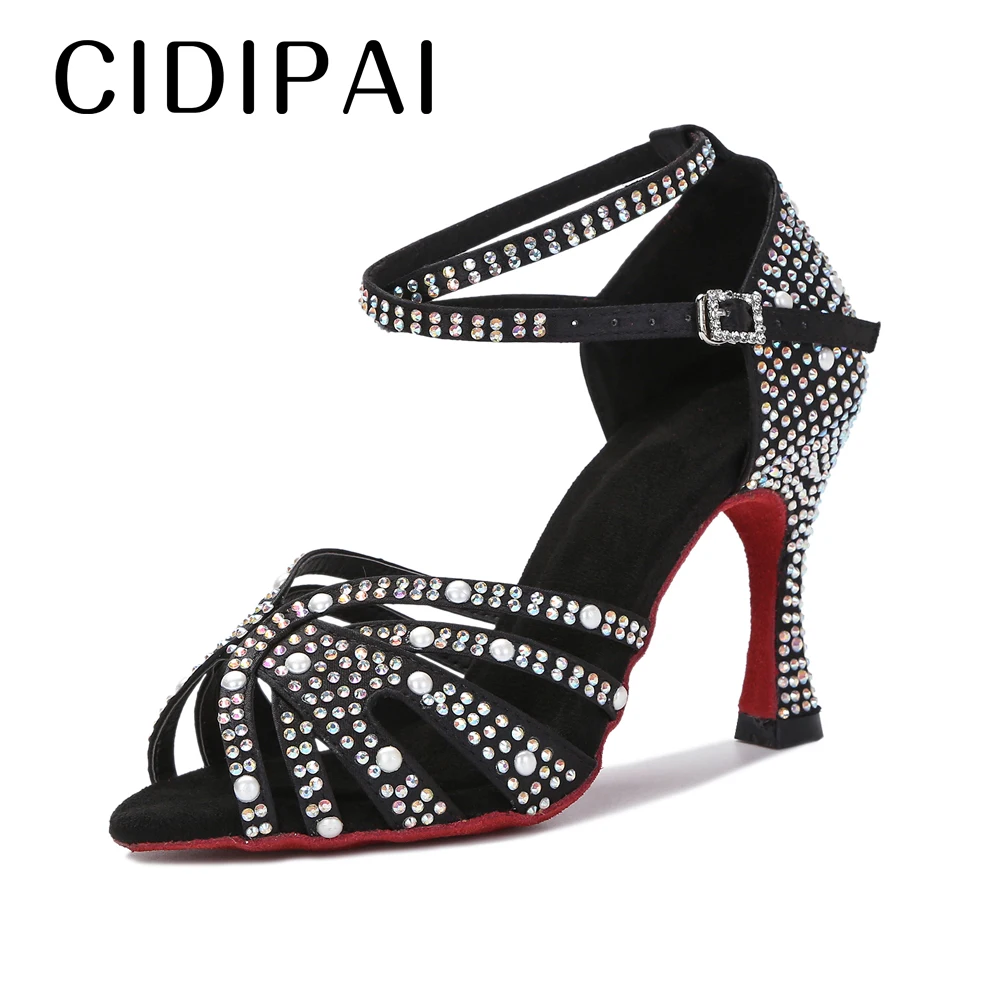 

CIDIPAI Pearl Latin Dance Shoes Woman Salsa Rumba Ballroom Dancing Shoes Red Sole Party Shoes Women Rhinestones Wedding Shoes