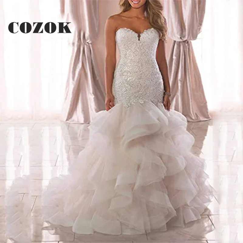 

Exquisite Sequined Appliques Lace Ruffles Wedding Dresses Sweetheart Mermaid Bride Gowns Vestidos De Novia Custom BK05