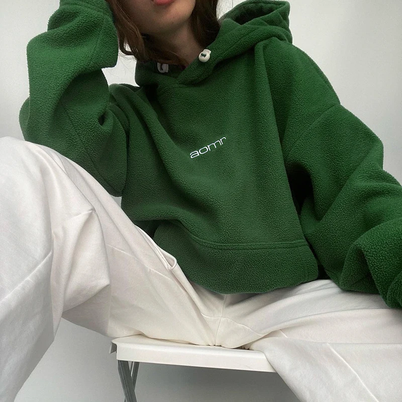 

Sunny y.j. Embroidery Aesthetic Y2K Oversized Hoodie Faux Fur Sweatshirt Green Vintage Fairycore Pullover Harajuku Winter Lazy