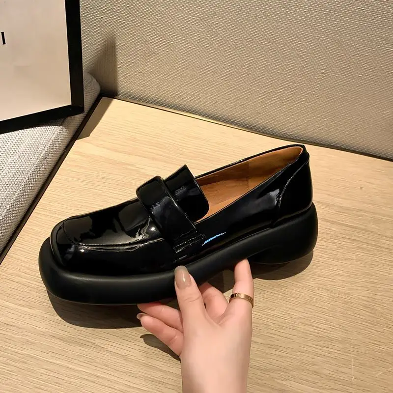 2023 New Natural Genuine Leather Women Heels Shoes Square Toe Thick-soled Waterproof Platform Fashion High Heel Shoes