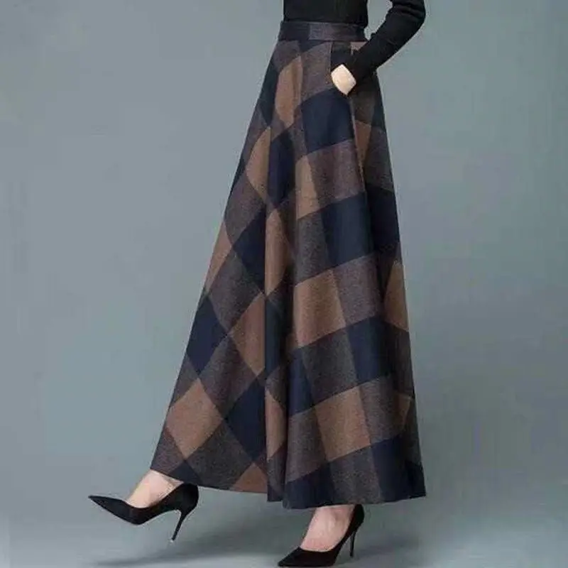 

Woman High-Waisted Tweed Skirt Female Woolen Thickened Plaid Wool A- Line Autumn Ladies Bag Hip Midi-length Pleated Skirts G836