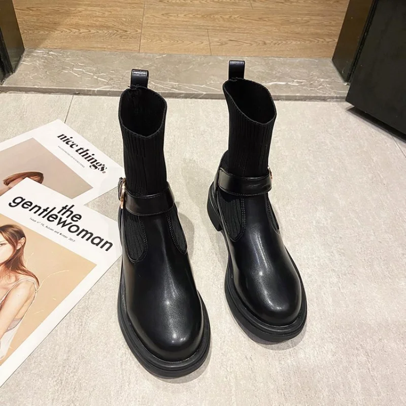 Ankle Boots Woman Slip-On Shoes Woman Fashion Knitted Elastic Round Toe Short Boots Platform Square Heels Leather Boots Women