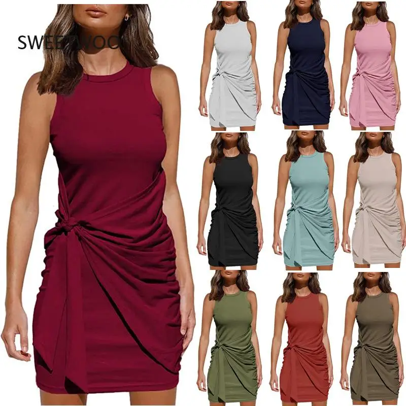 

Женское однотонное платье без рукавов, повседневное простое мини-платье с высокой талией и круглым вырезом, лето 2022