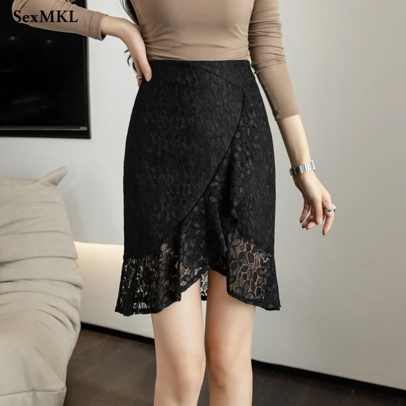 

Женская кружевная юбка средней длины, Элегантная черная офисная юбка с оборками и высокой талией, лето 2022