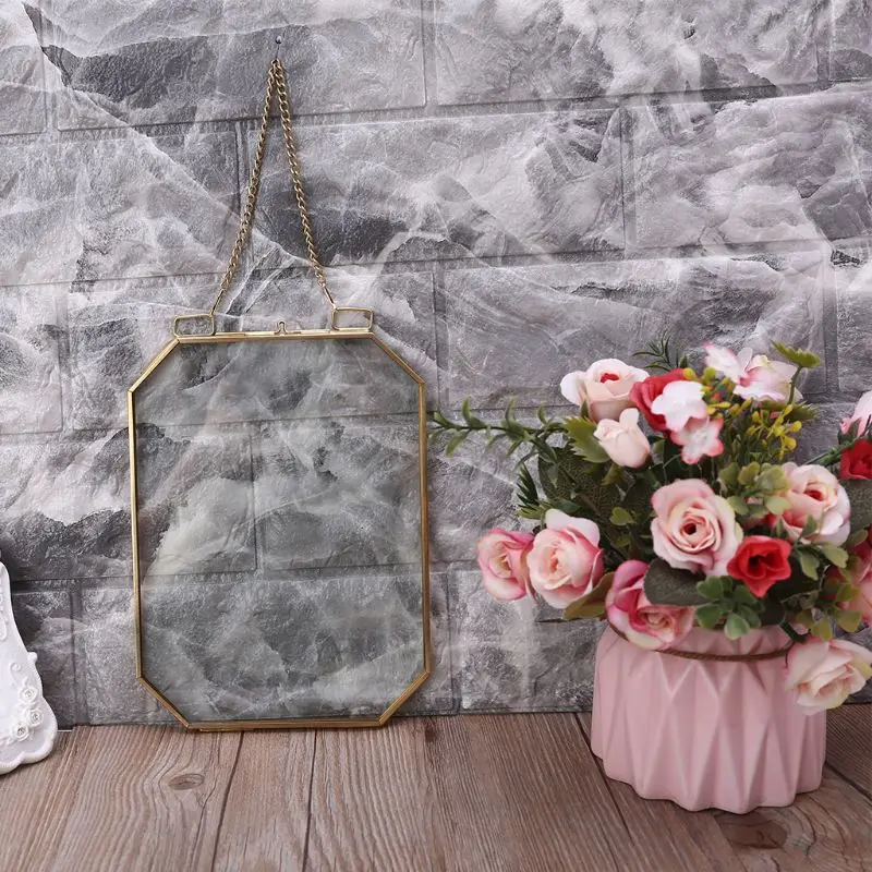 

Octagon Floating Hanging Photo Frame Metal Glass Portrait Picture Plant Specimen Display Holder Double Sided Home Decoration