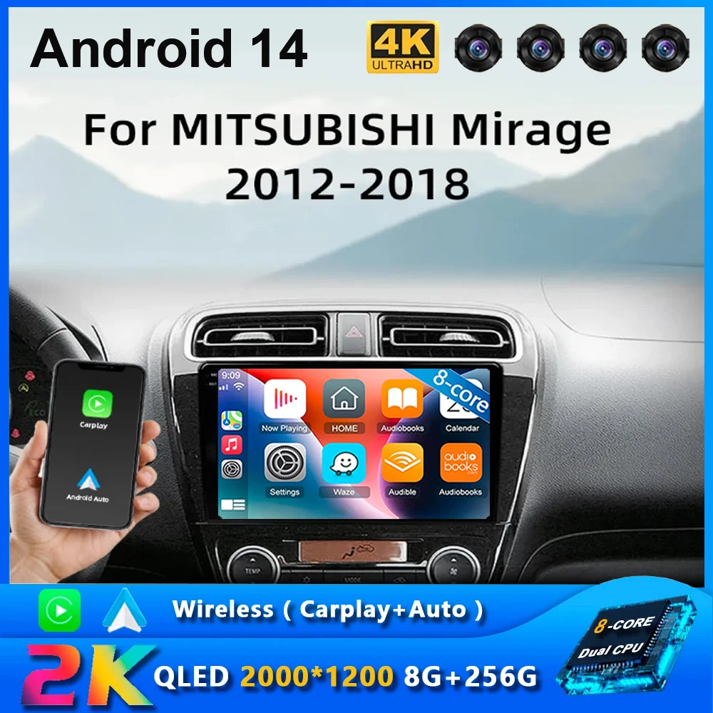 Фото Автомобильное радио Android 15 для Mitsubishi Mirage Attrage 2012-2018 Space Star 2014, GPS-навигация, мультимедийный плеер Carplay, 2 din №1