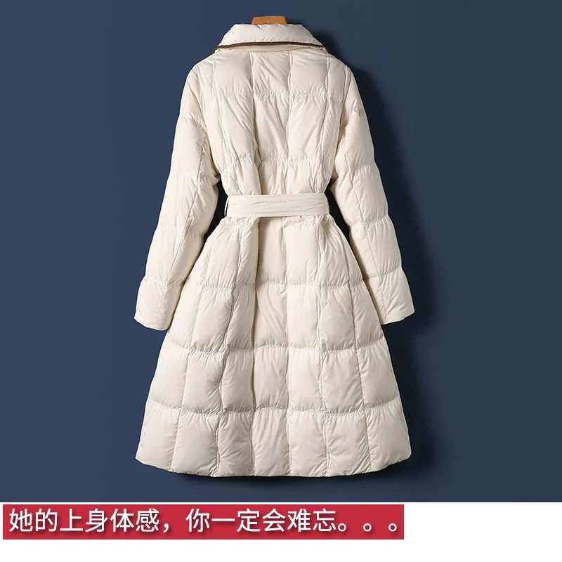 Top Fashion Design Thin 85%  White Duck Down Long Down Jacket Women  Office Lady  Adjustable Waist  Winter Coats Women