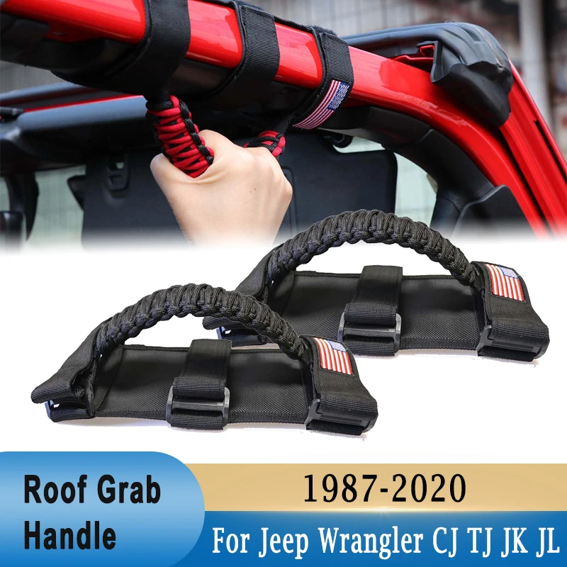 

2Pcs Roof Roll Bar Paracord Grab Handles Grip Handles for Jeep Wrangler JK TJ JL CJ YJ 1987-2020 JT UTV ATV USA Flag Type