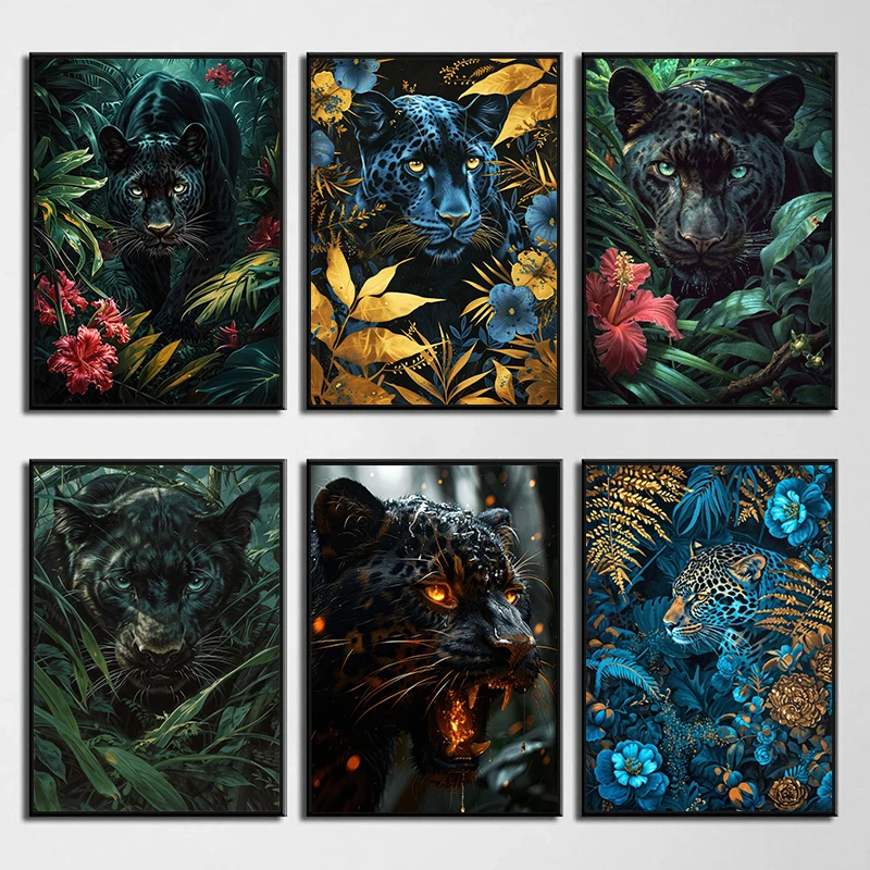 Современный стиль золотая пантера тропические цветы джунгли дикие животные