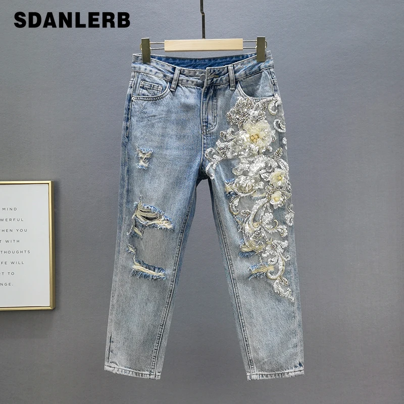 

Рваные укороченные джинсы, женские трендовые Свободные мешковатые джинсовые брюки с высокой талией и вышивкой из бисера, новинка весны-лет...